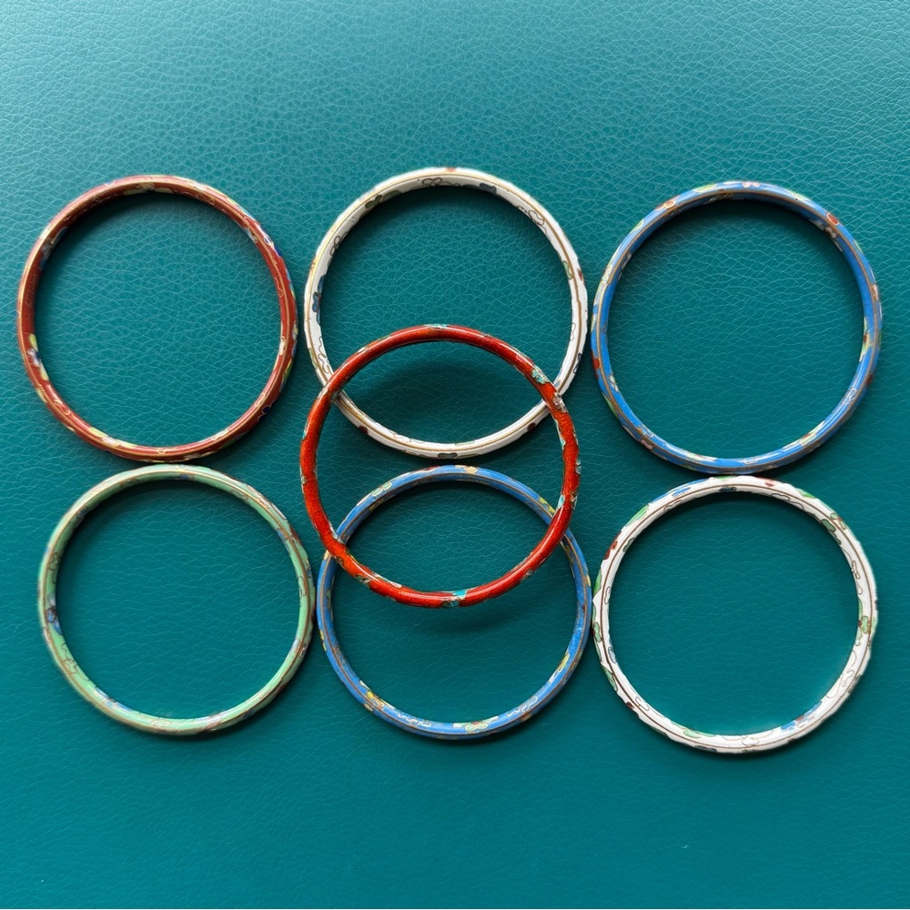 Vtg Set Of 7 Cloisonne Bangle Bracelets Asian Floral - Picture 3 of 10